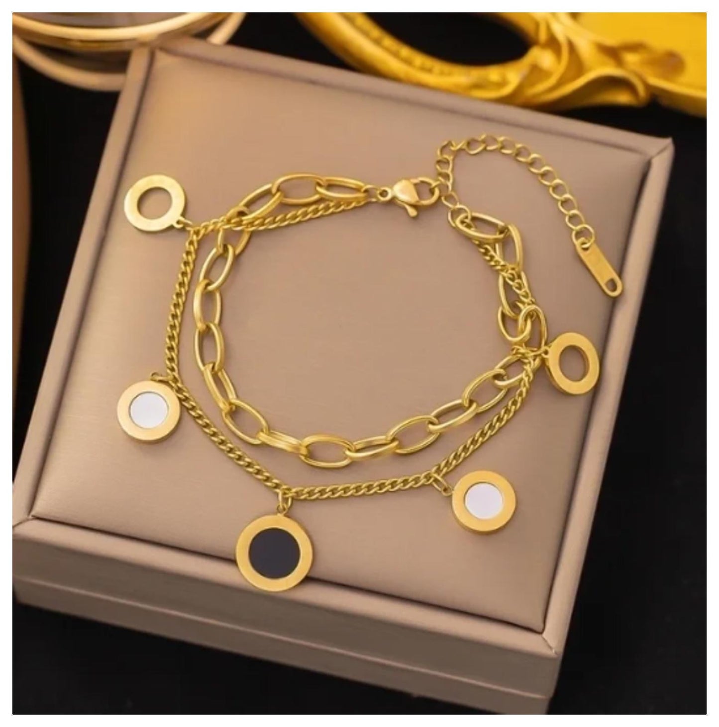 Black and white double chain - Bracelet - Gold - 6.5-8"