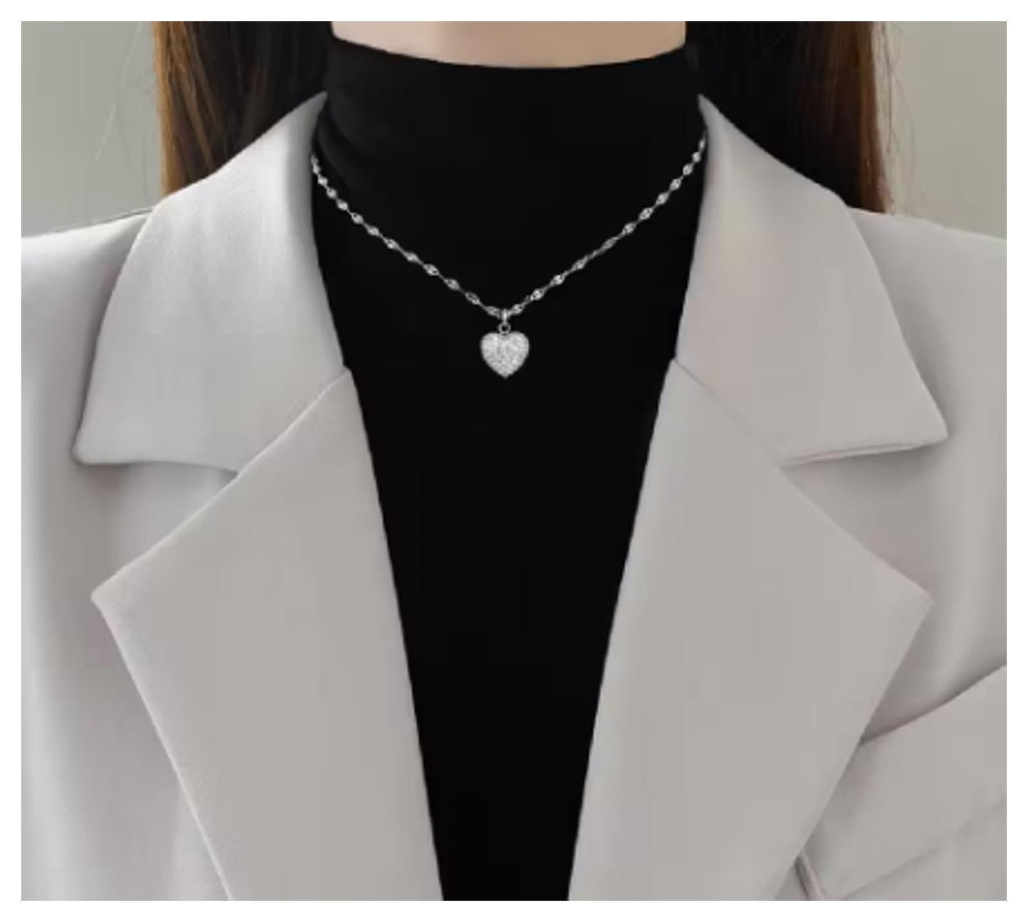 Black and white reversible heart - Necklace - Silver - CZs - 16-18"