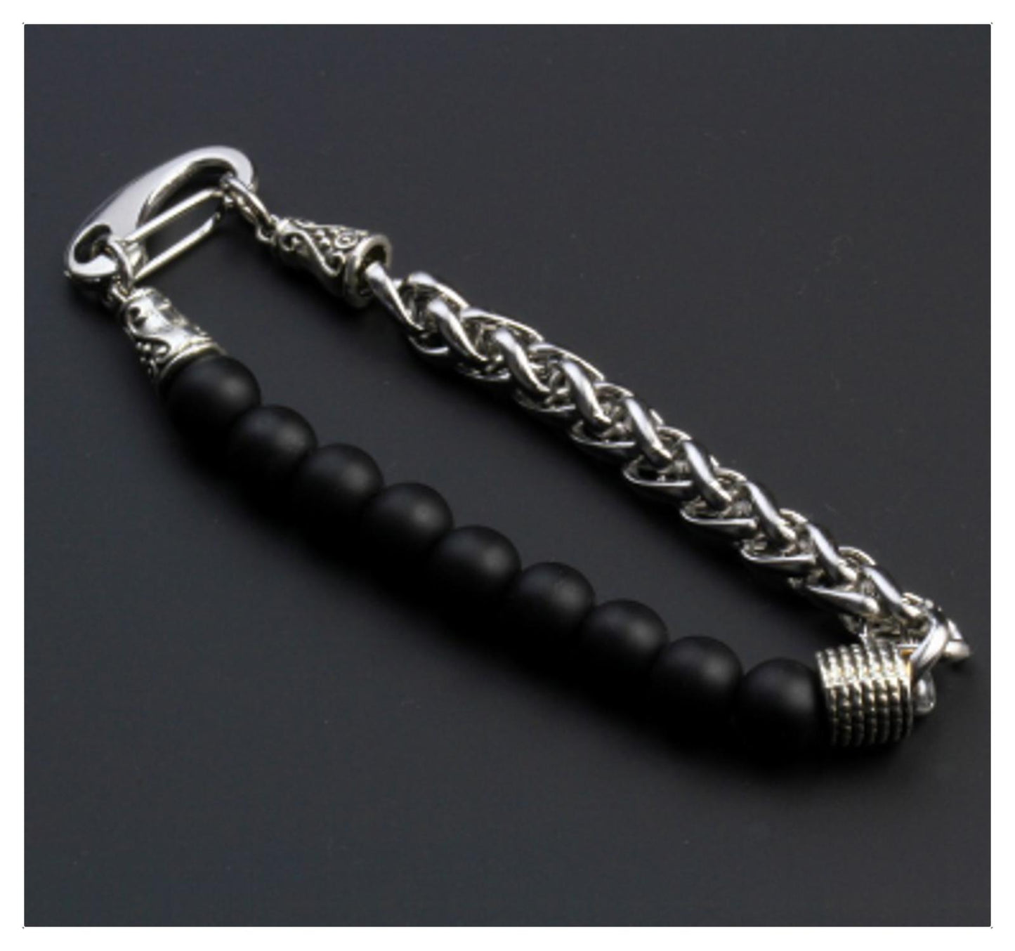 NATURAL black onyx - Bracelet - stainless steel - 8"