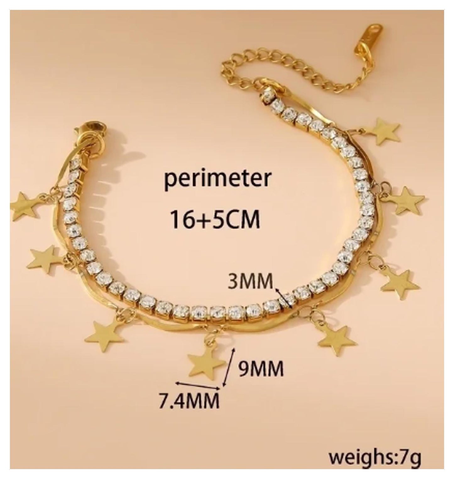 Two strand star tennis charm - Bracelet - Silver - CZs - 6.5-8"