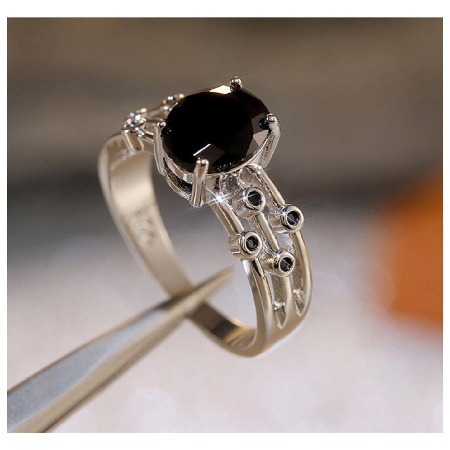 Black oval ring - Silver - CZs - Size 8.