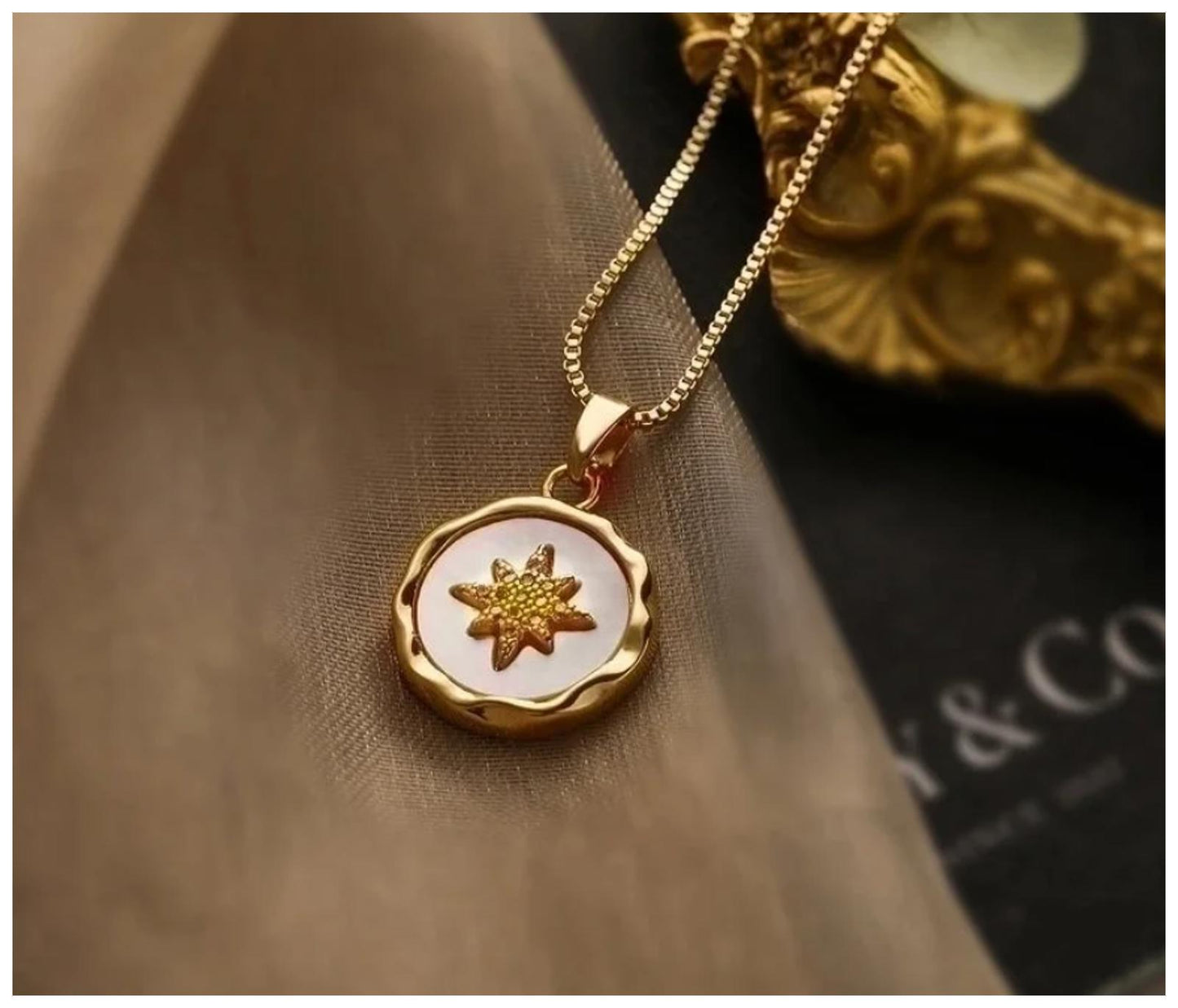 White mother of pearl star - Necklace - Gold - CZs - 18"