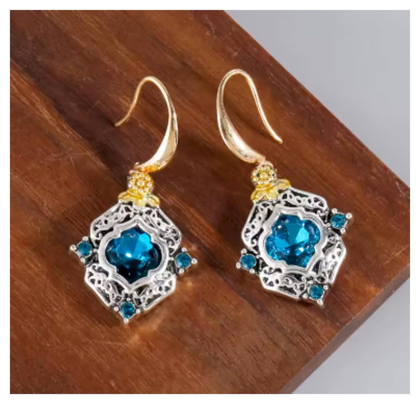 Blue vintage style two tone - Earrings - Silver - CZs - 1.5"