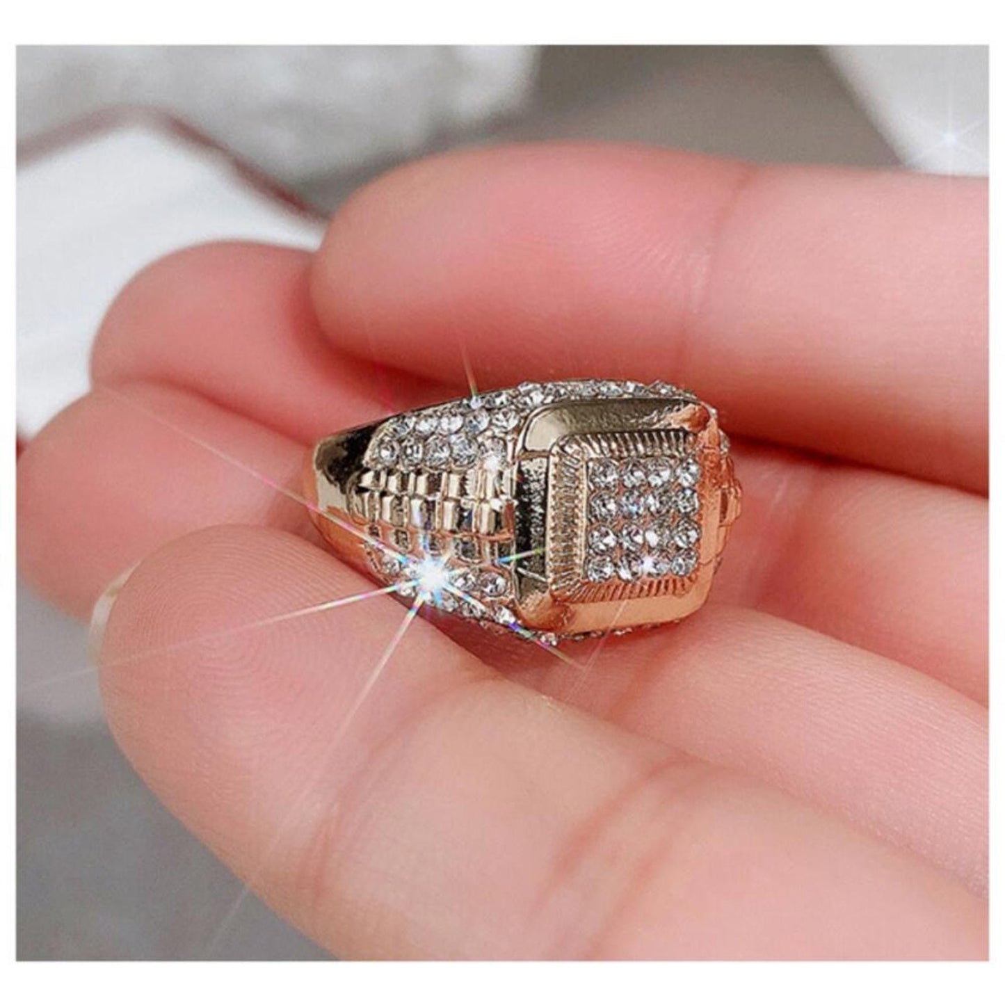 Gold and Silver watch style ring - 18K gold plated - CZs- Size 9.