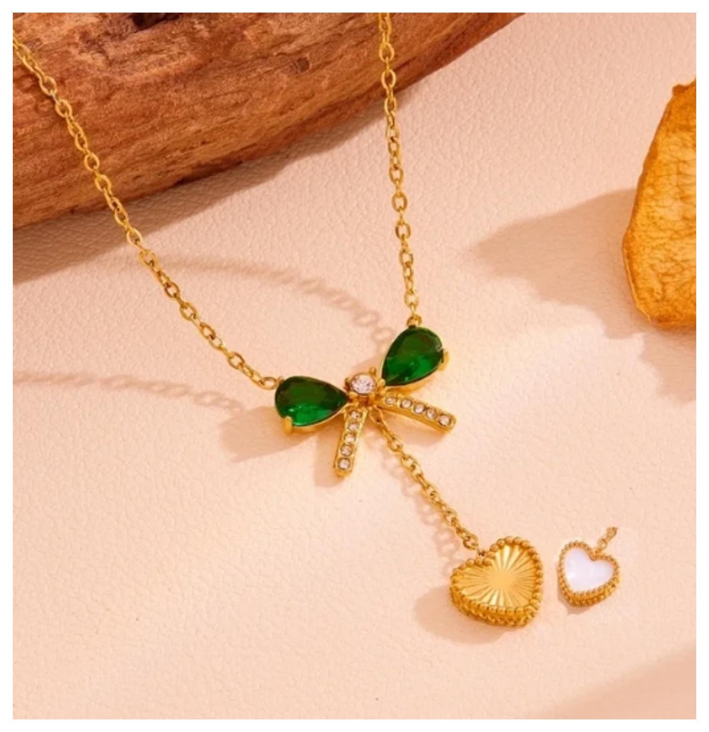 Green and white reversible bow/hearts - Necklace/Earring set - Gold - CZs - 18"