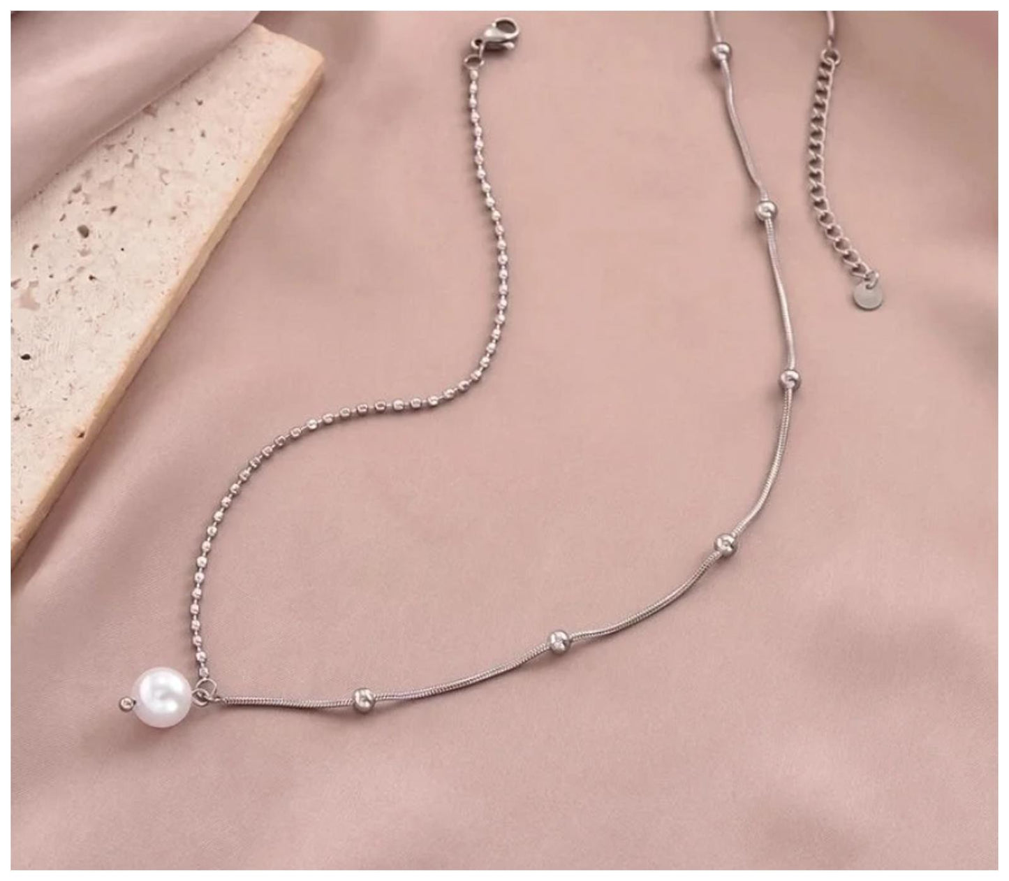 Pearl beaded snake chain - Necklace - Silver - artificial pearl/CZs - 18"