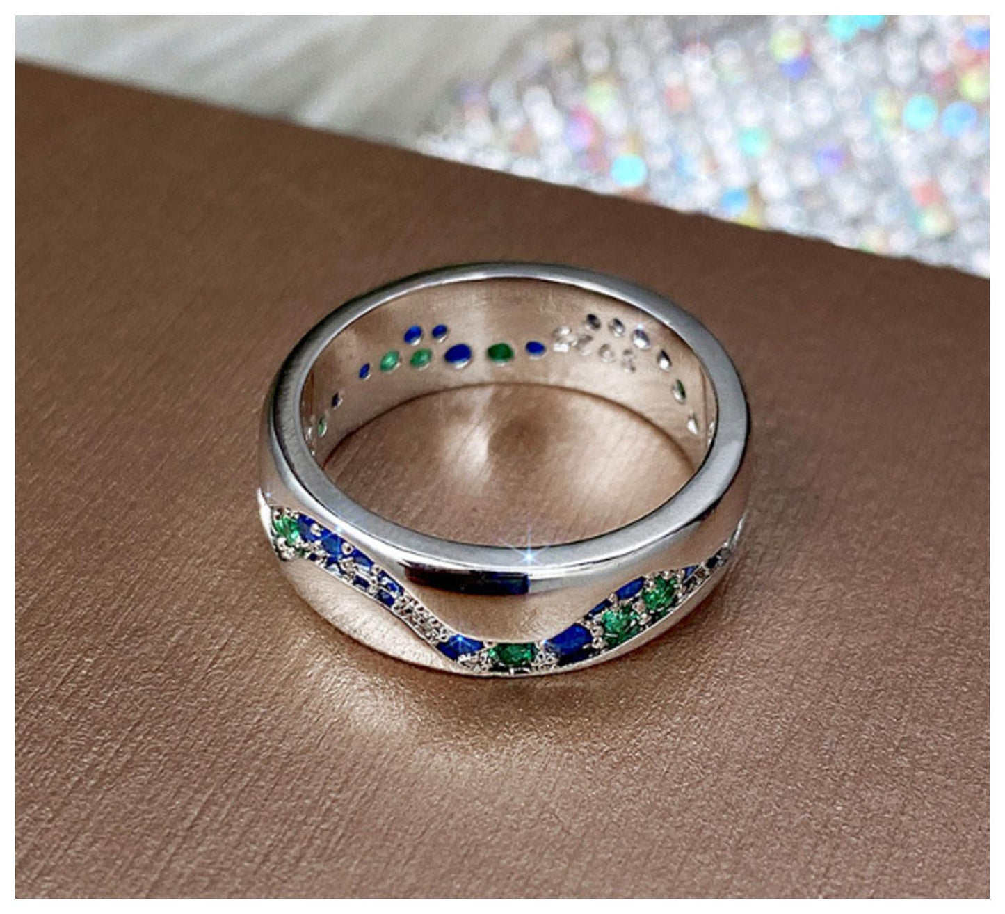 Blue green wave band Ring - Silver - CZs - Size 6
