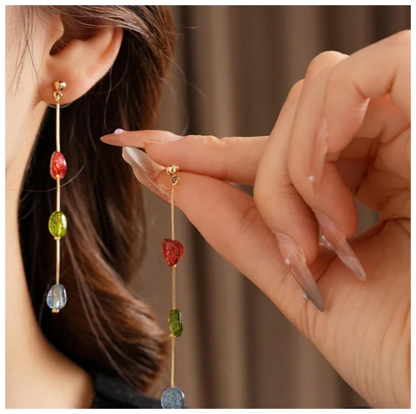 Natural multicolor tassel earrings - Earrings - Gold - 8cm