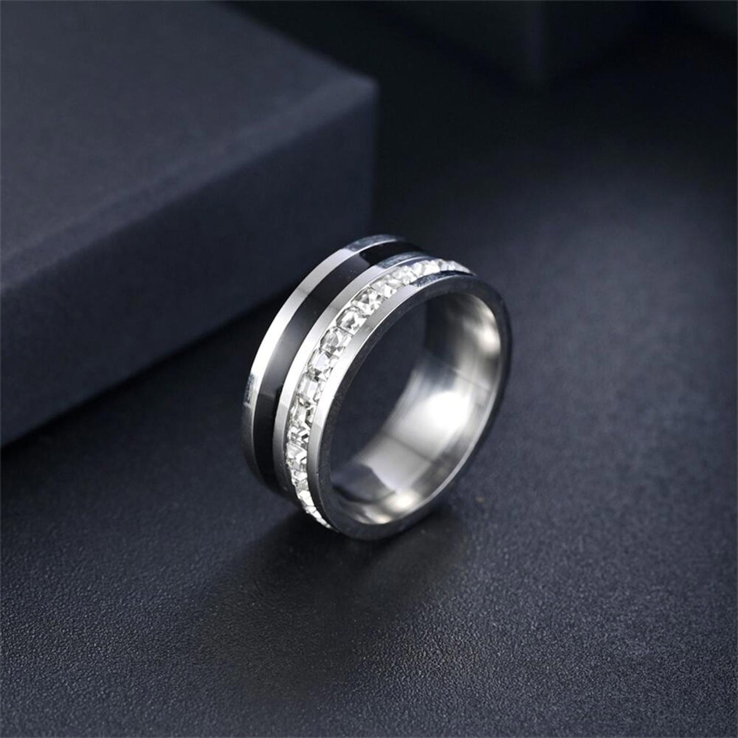 Stainless steel princess cut inlay band RING - Silver - CZs- size 13