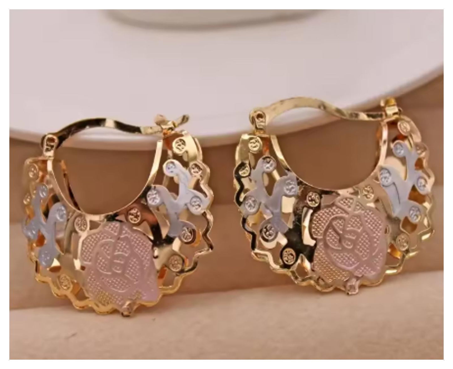 Tricolor hollow basket hoop - Earrings - Gold - 1"