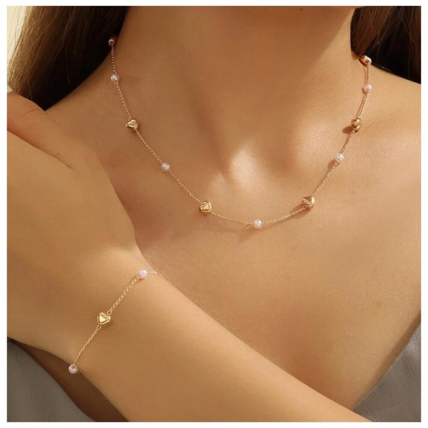 Heart and Pearl Set - Gold - 16-18" Necklace & Bracelet