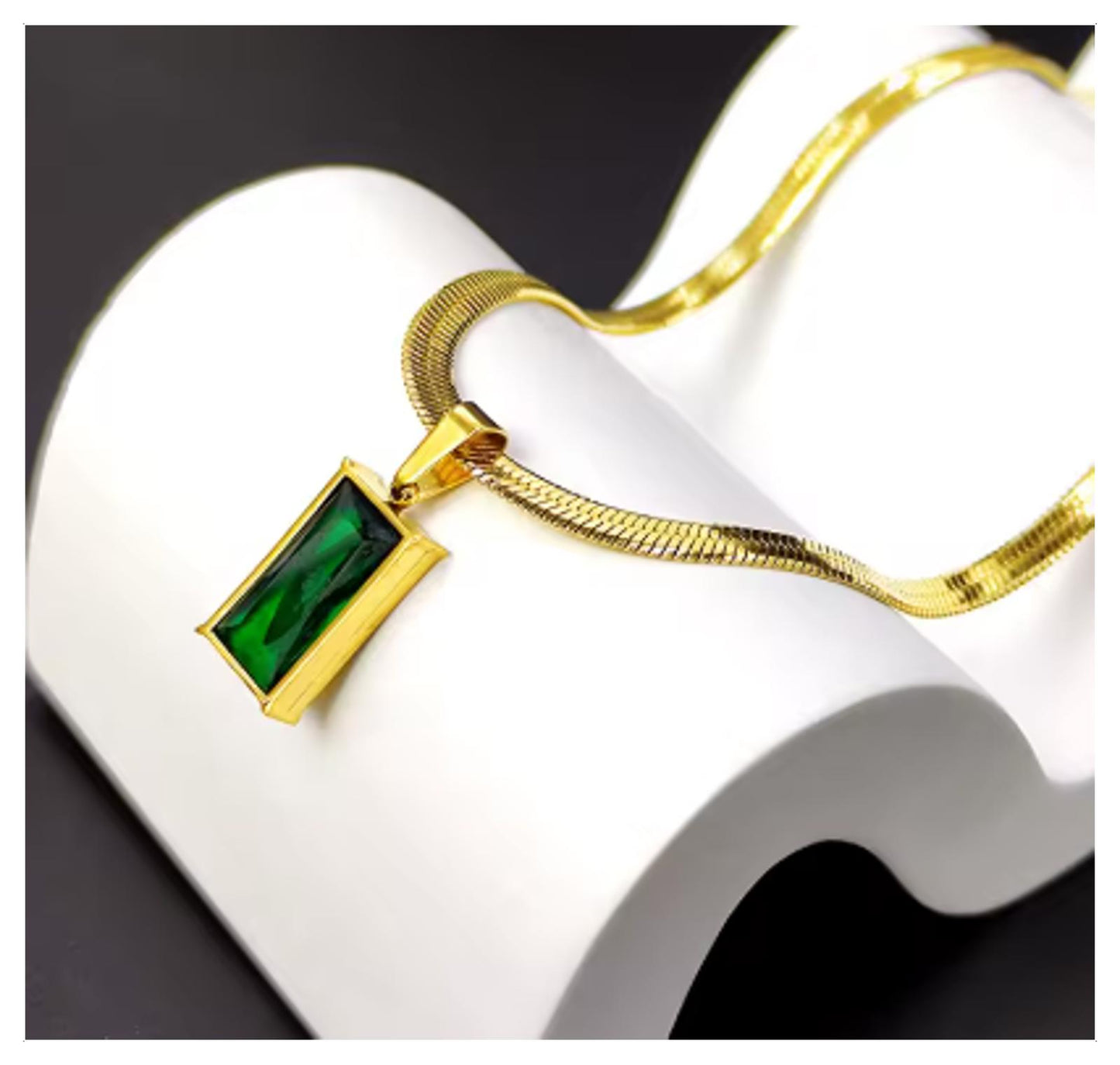 Green rectangle herringbone - Necklace/Earring set - Gold - CZs - 18"