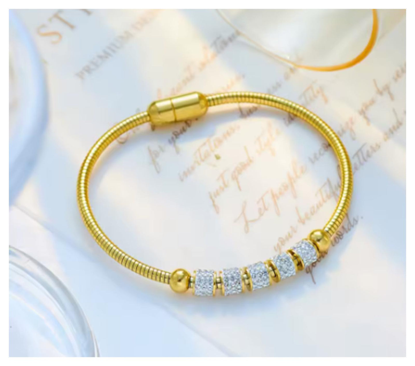 Rhinestone beaded bangle - Bracelet - Gold - CZs - 7.5"