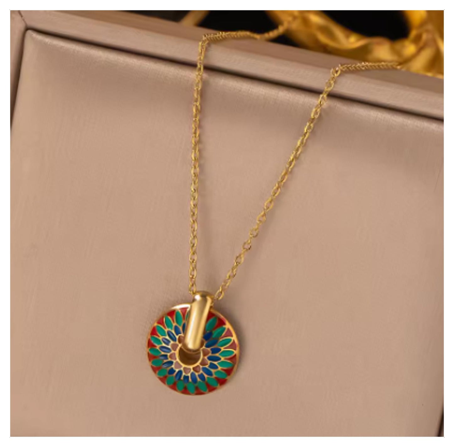 Multicolor enamel disc - Necklace/Earring set - Gold - 18"