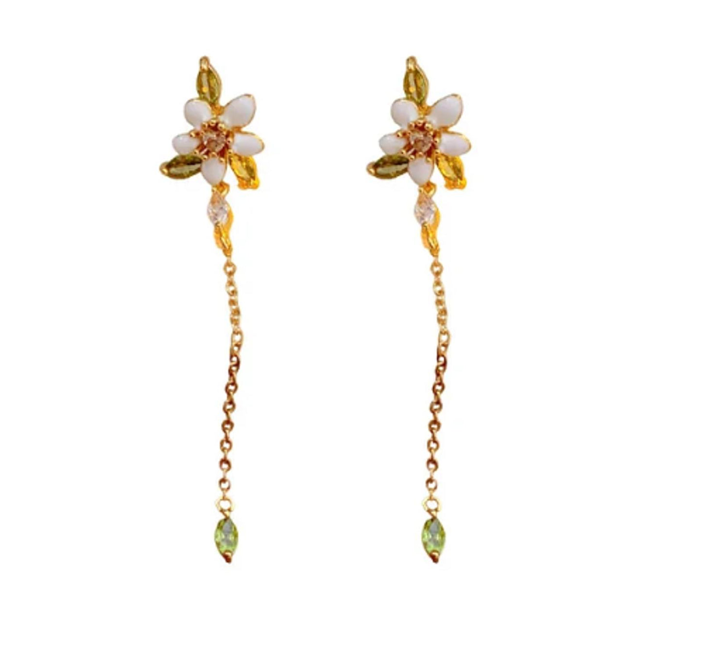 White and green flower - Necklace/Earring/Bracelet set - Gold - CZs - 18"