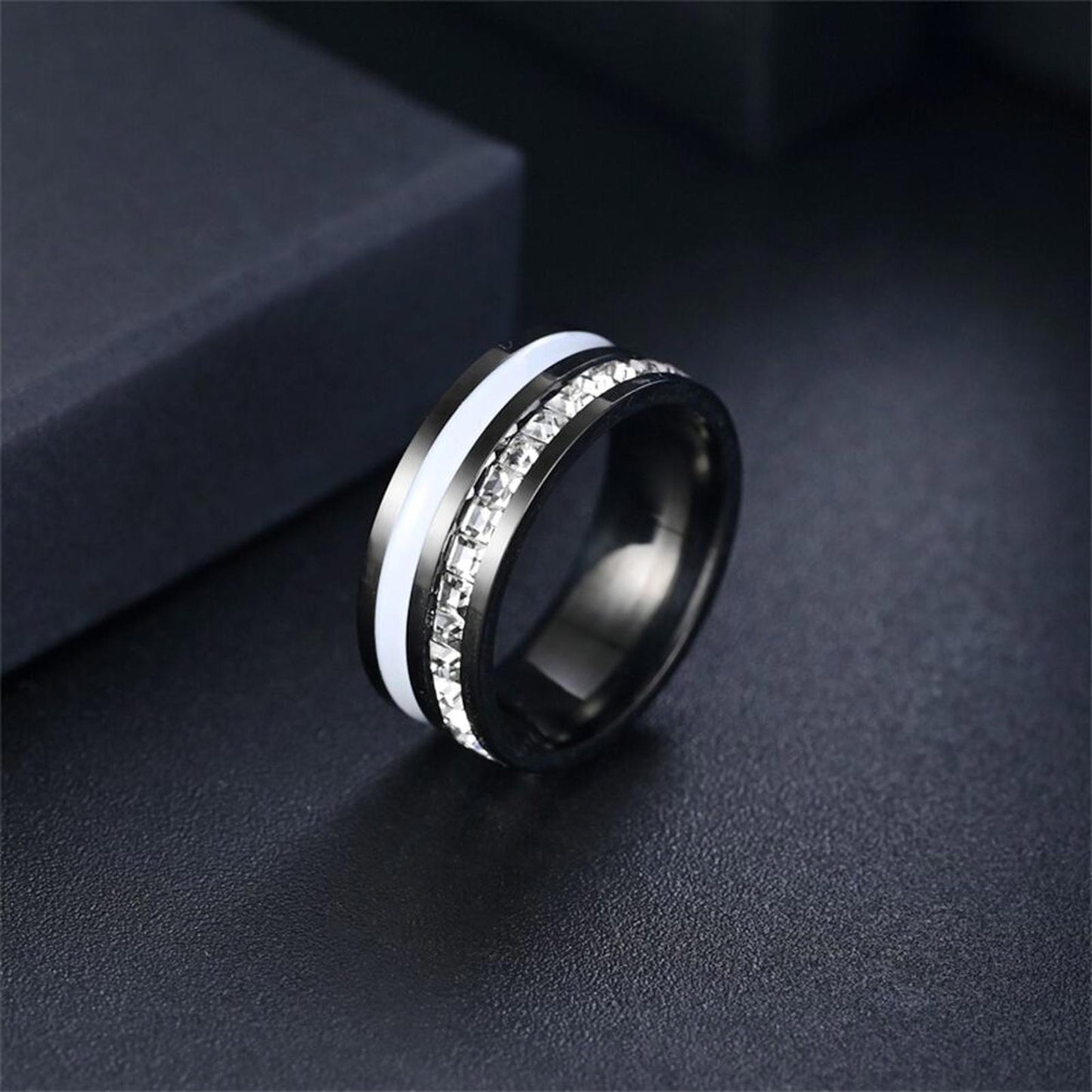 Black stainless steel princess cut inlay band RING - Silver - CZs- size 13