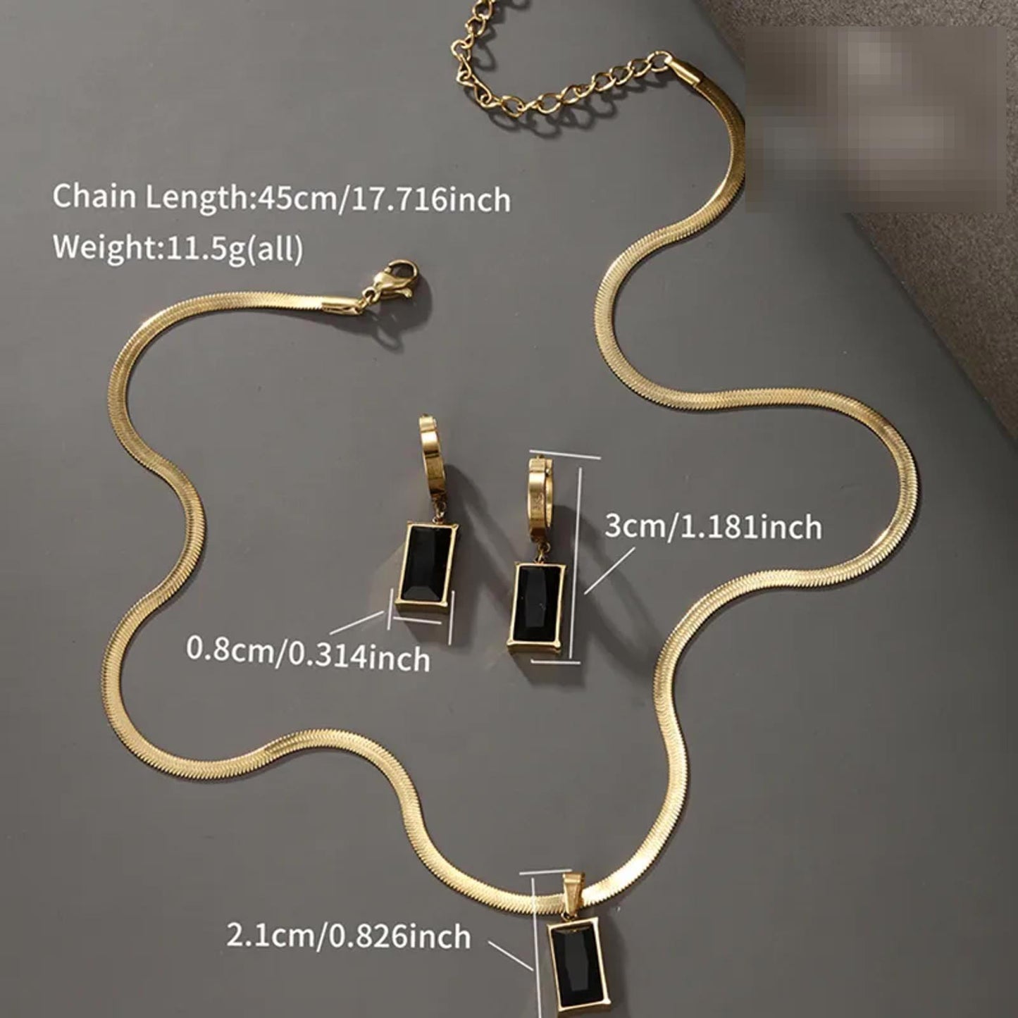 Black rectangle - Necklace/Earring set - Gold - CZs - 18"