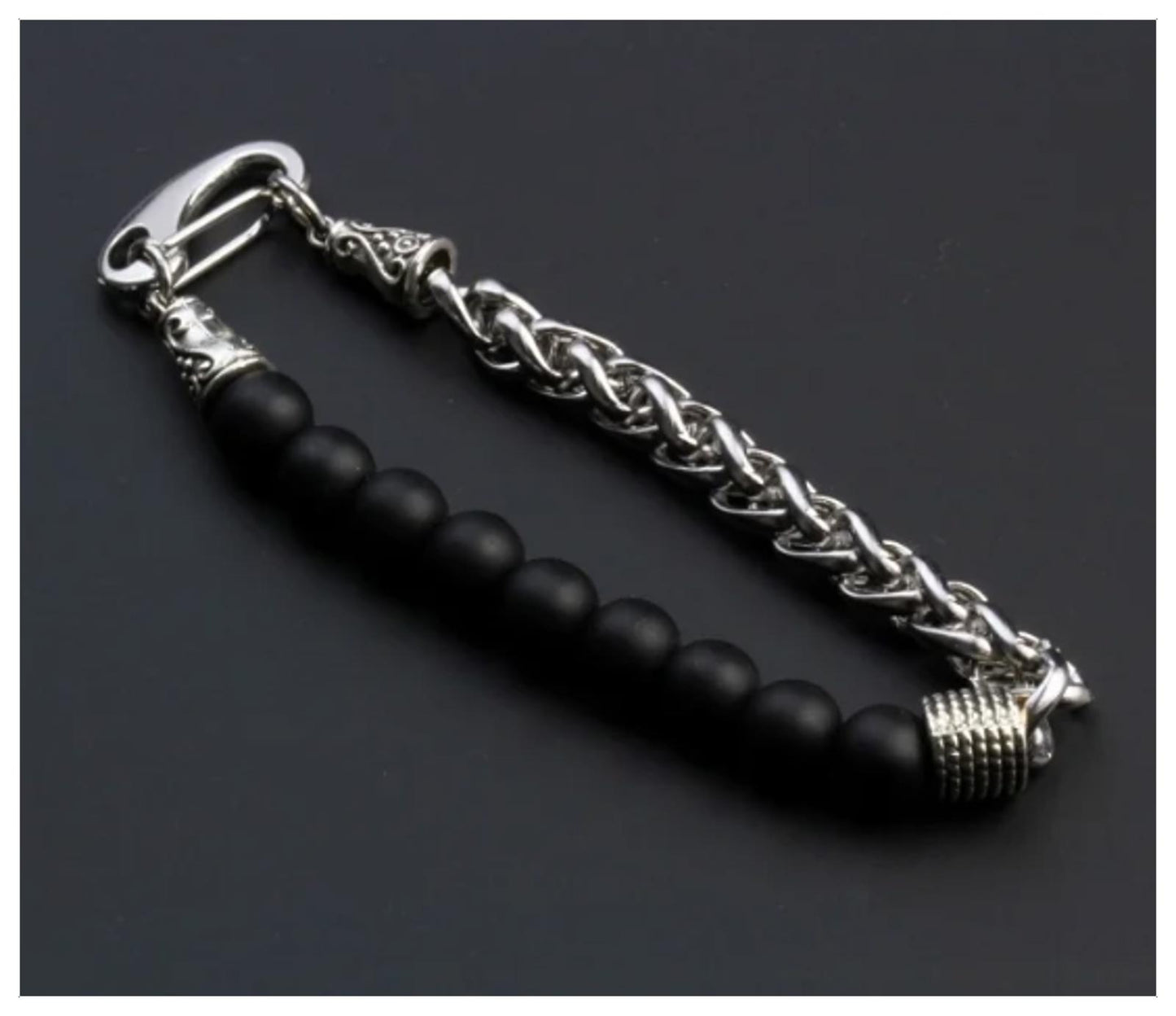 NATURAL black onyx - Bracelet - stainless steel - 8"