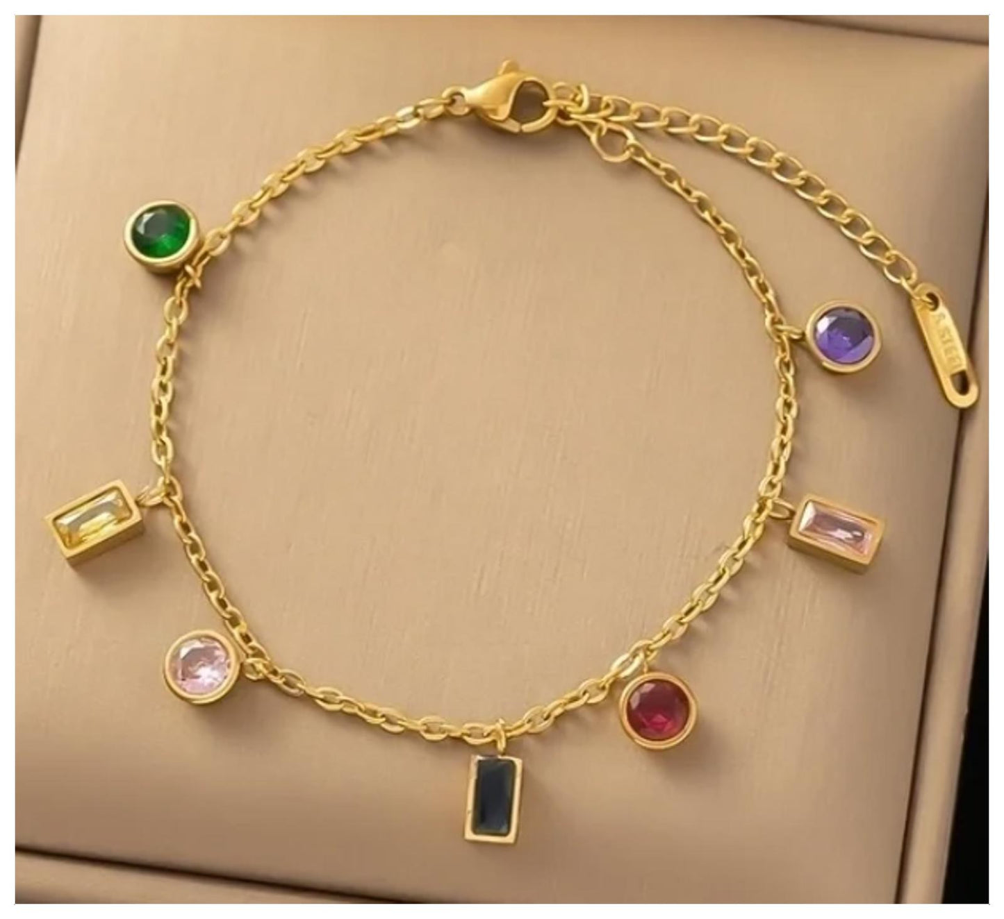 Multicolor round and rectangle charm - Bracelet - Gold - CZs - 6.5-8"