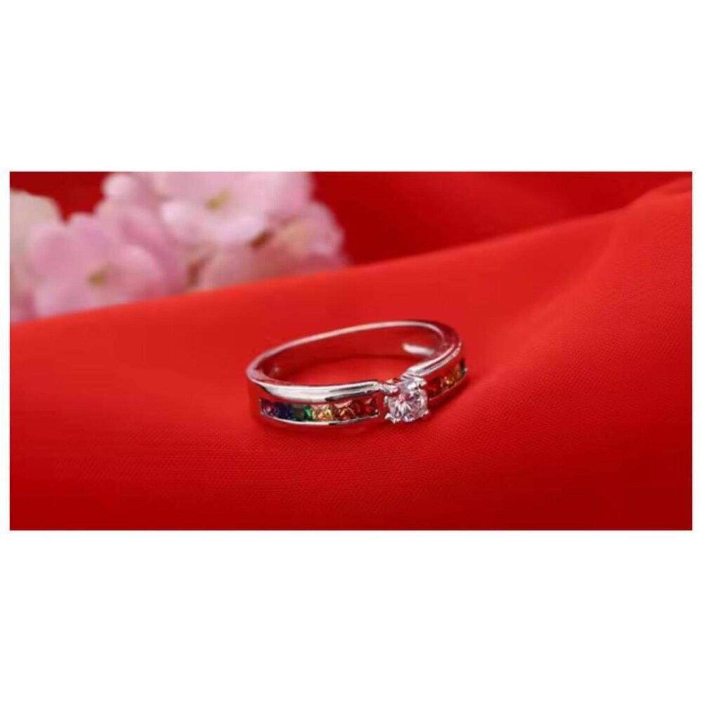 Rainbow engagement ring - silver - CZs - size 8.