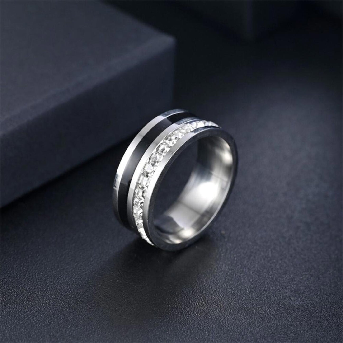 Stainless steel princess cut inlay band RING - Silver - CZs- size 8
