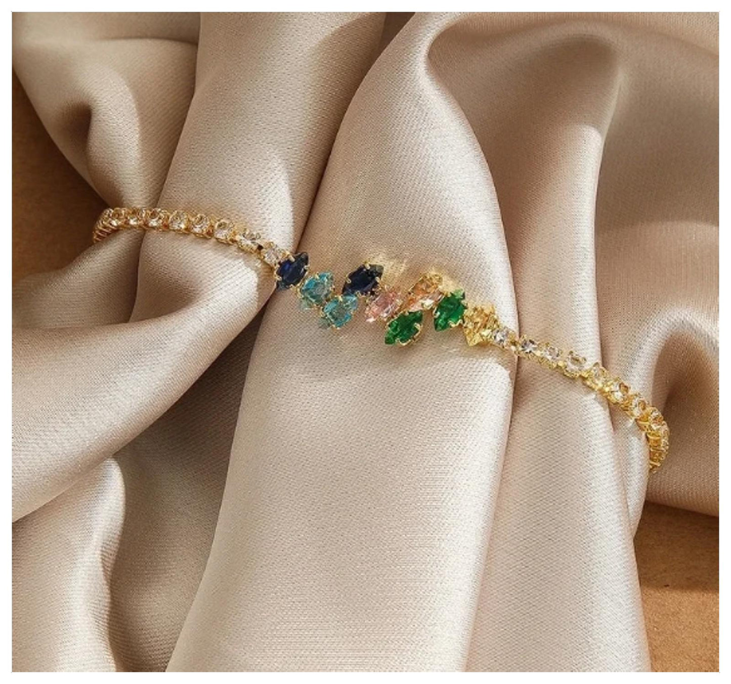 Multicolor marquis tennis - Bracelet - Gold - CZs - 7"