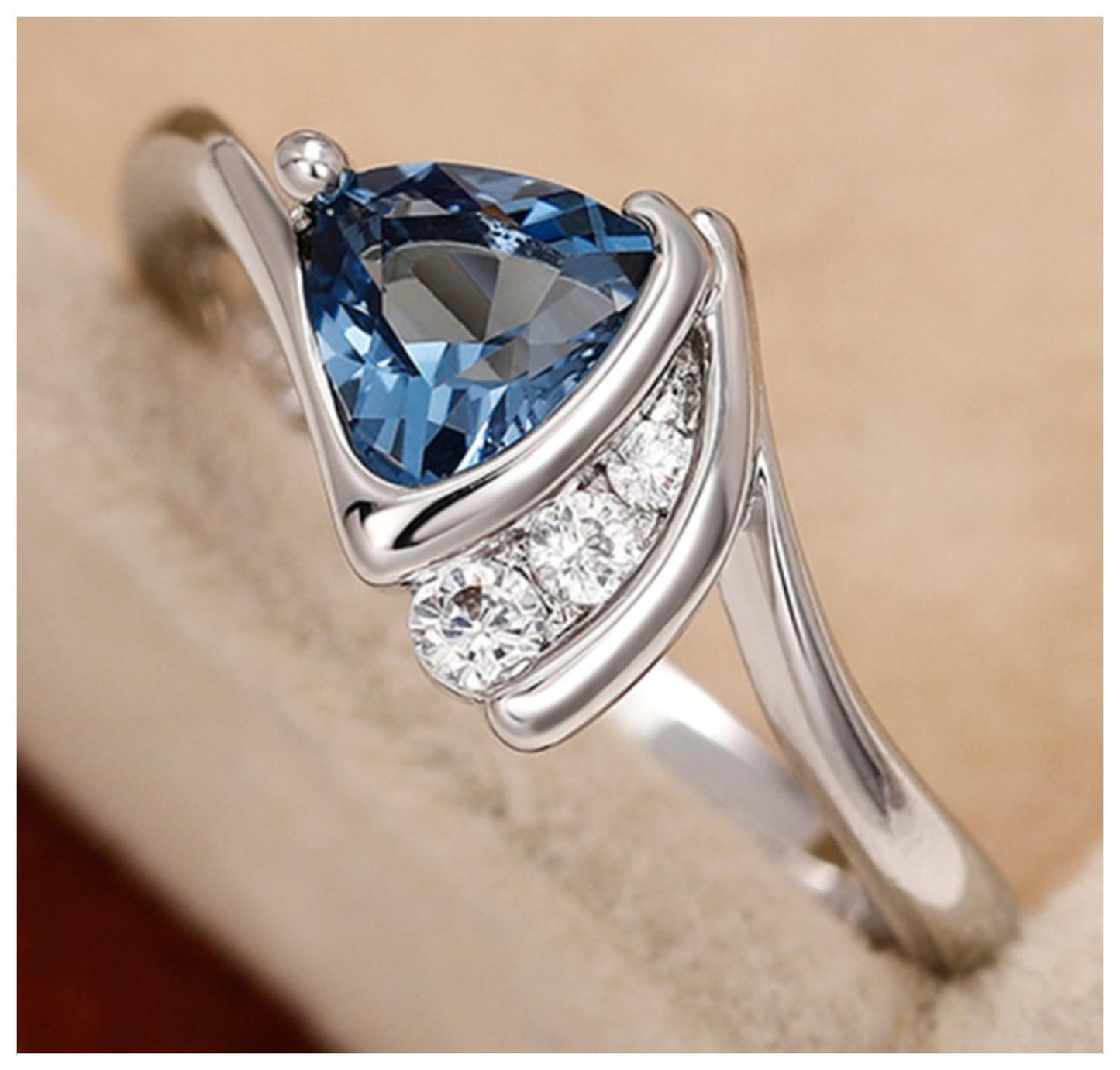 Blue triangle Ring - Silver - CZs - Size 6