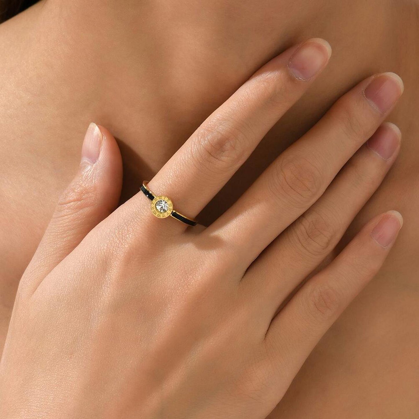 Black enamel bezel set roman numeral RING - Gold - CZs - size 8
