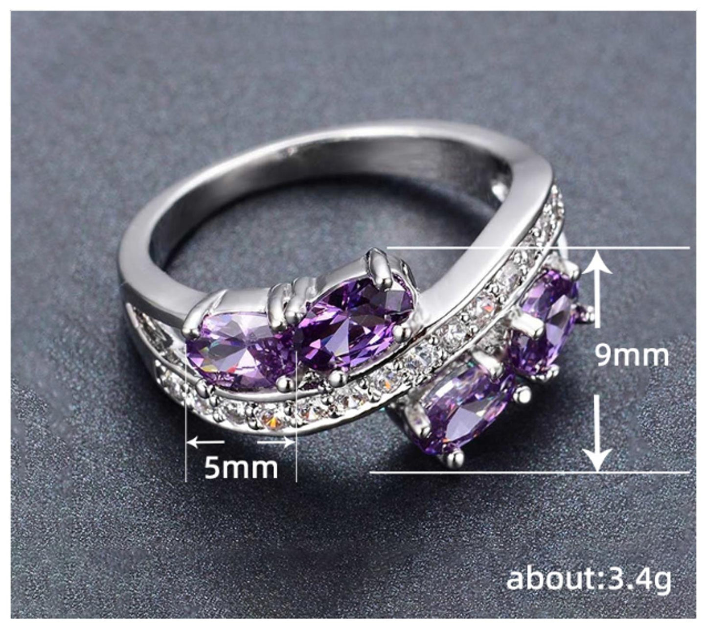 Purple bypass Ring - Silver - CZs - Size 6