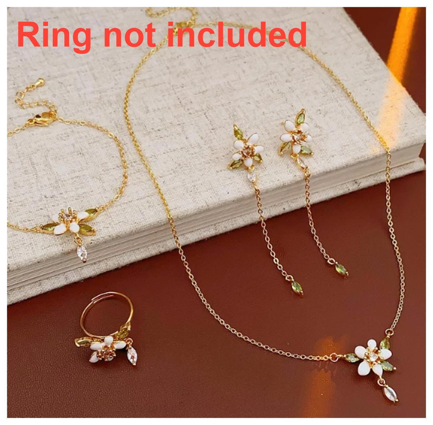 White and green flower - Necklace/Earring/Bracelet set - Gold - CZs - 18"