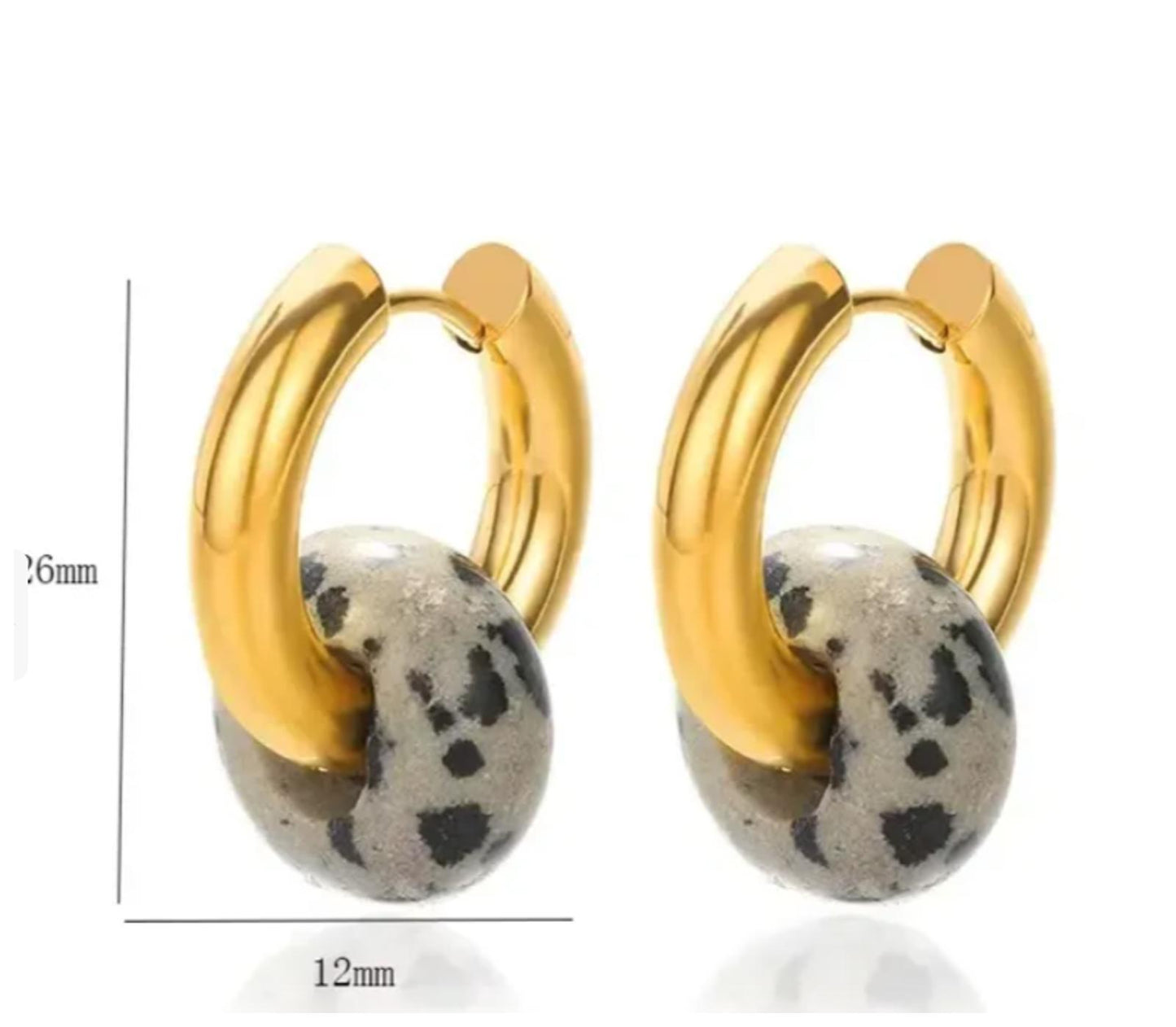 Natural black white dalmatian jasper - Earrings - Gold - 26mm