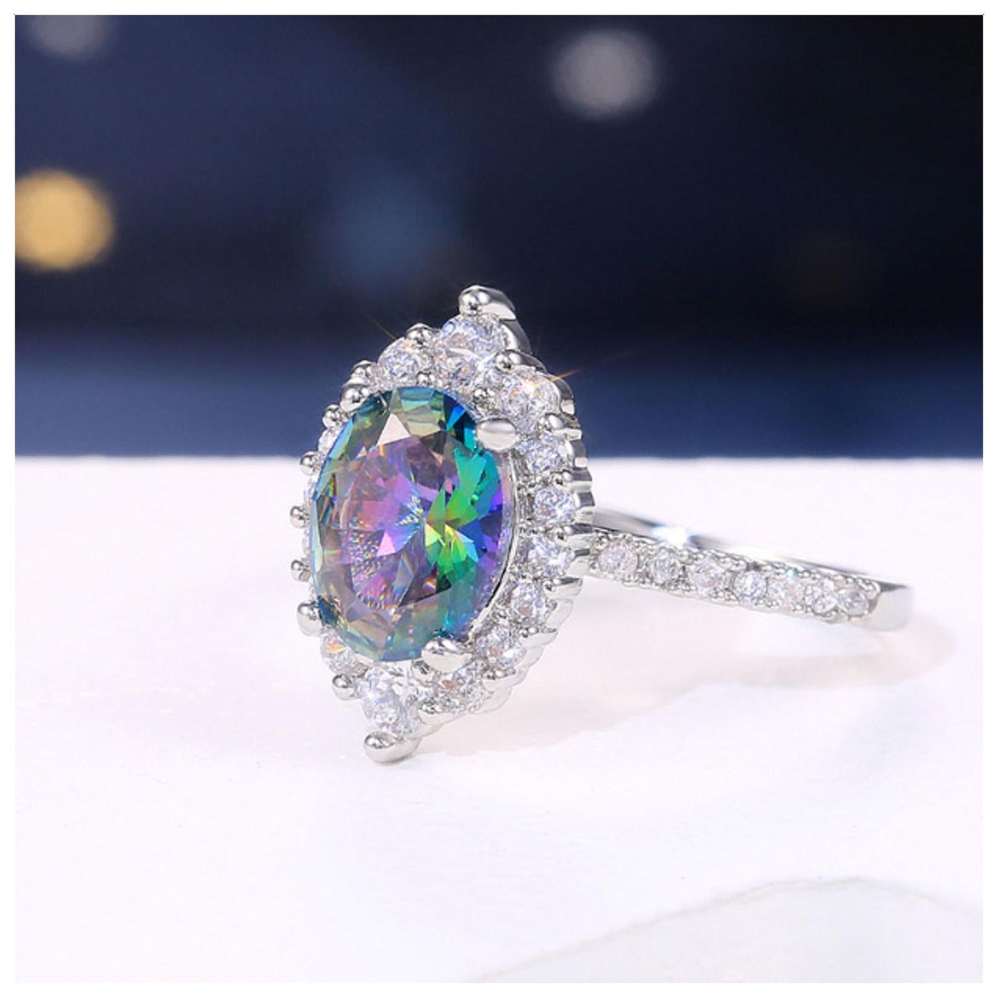 Rainbow oval Ring - Silver - CZs - Size 7