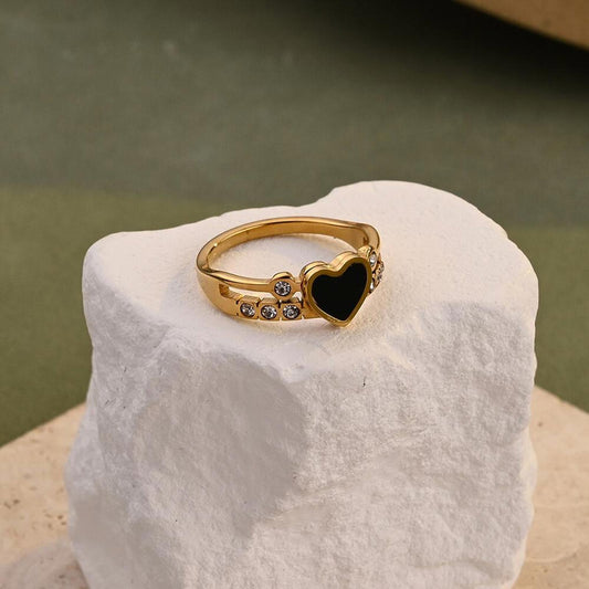 Black heart double layer ring - Gold - CZs - size 8