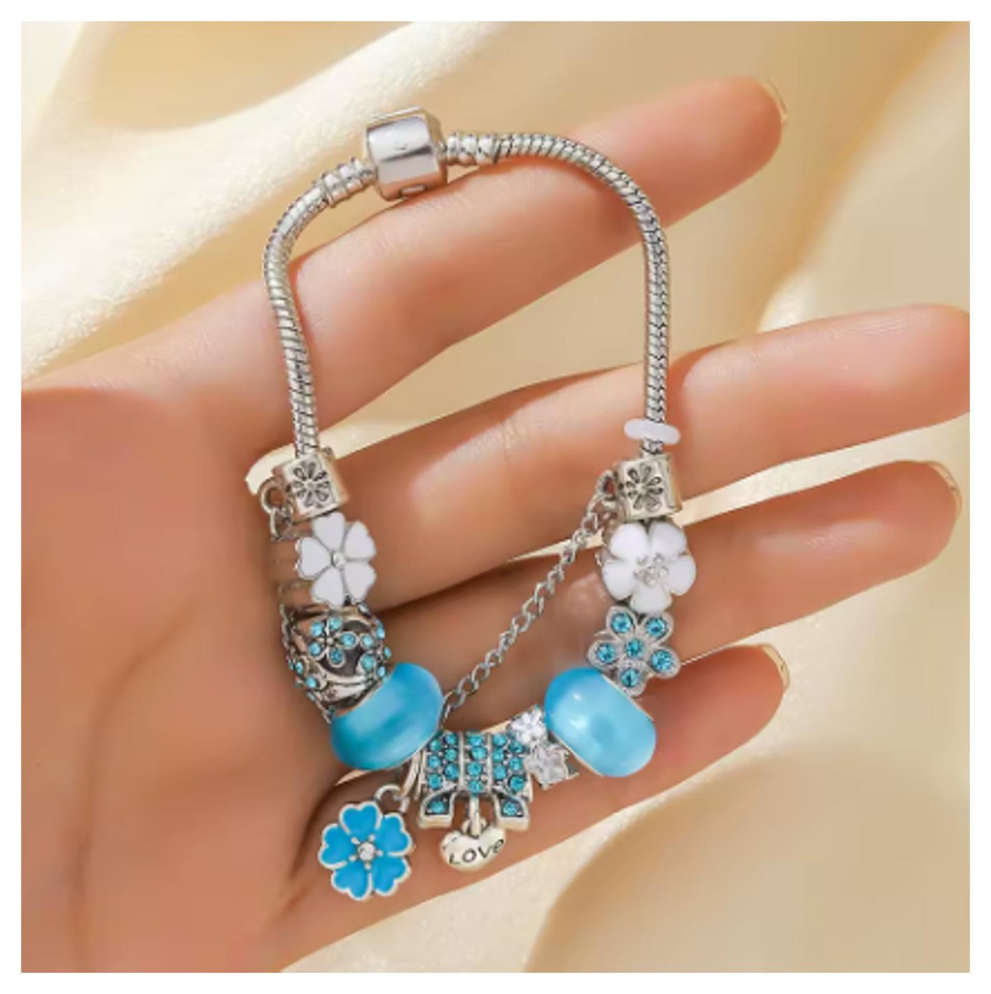 Blue beaded charm - Bracelet - Silver - CZs - 7.5"