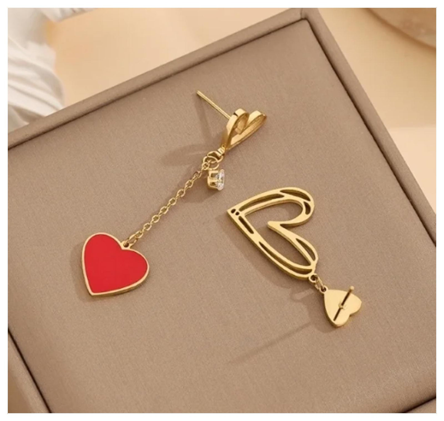Red hearts Y-shaped - Necklace/Earring set - Gold - CZs - 18"