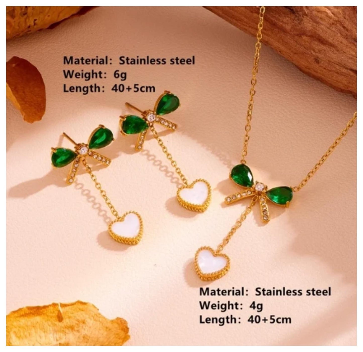 Green and white reversible bow/hearts - Necklace/Earring set - Gold - CZs - 18"