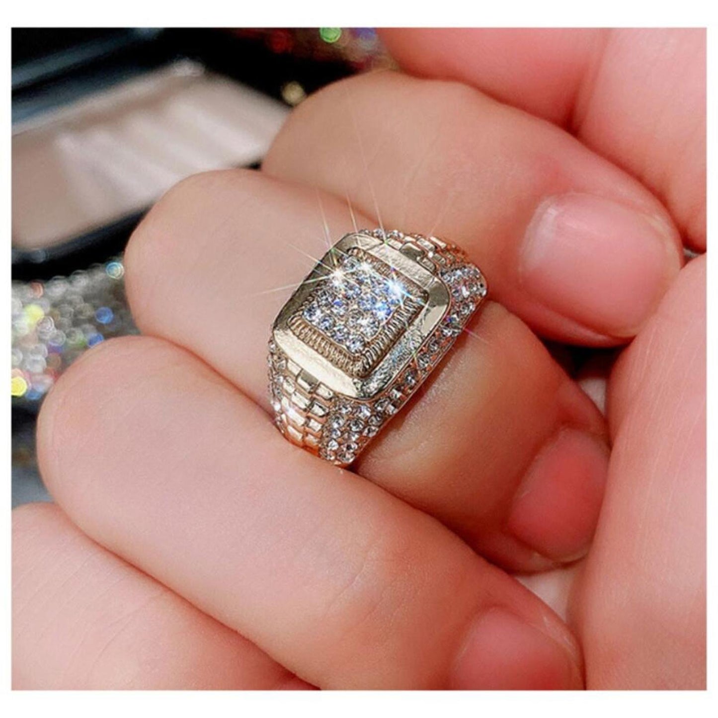 Gold and Silver watch style ring - 18K gold plated - CZs- Size 9.