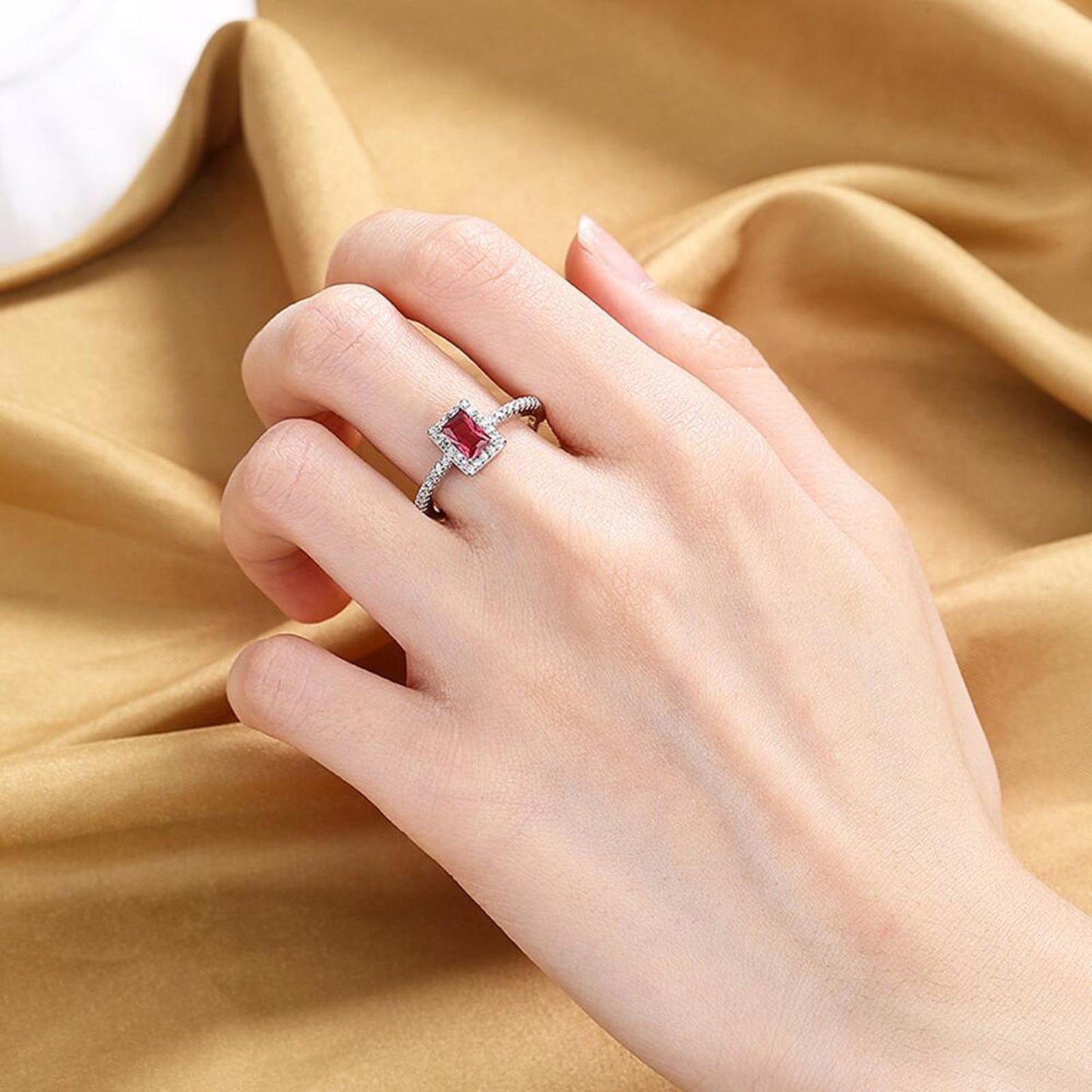 Blue square halo RING - Gold - CZs - size 6