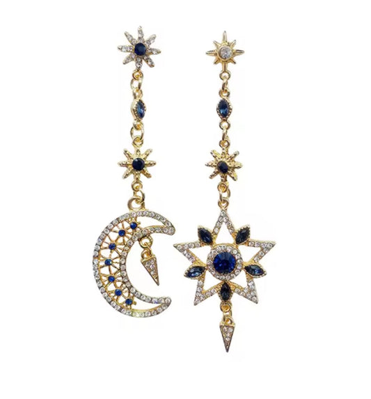 Asymmetric Moon and Star Earrings - Gold - CZs - 2.5"