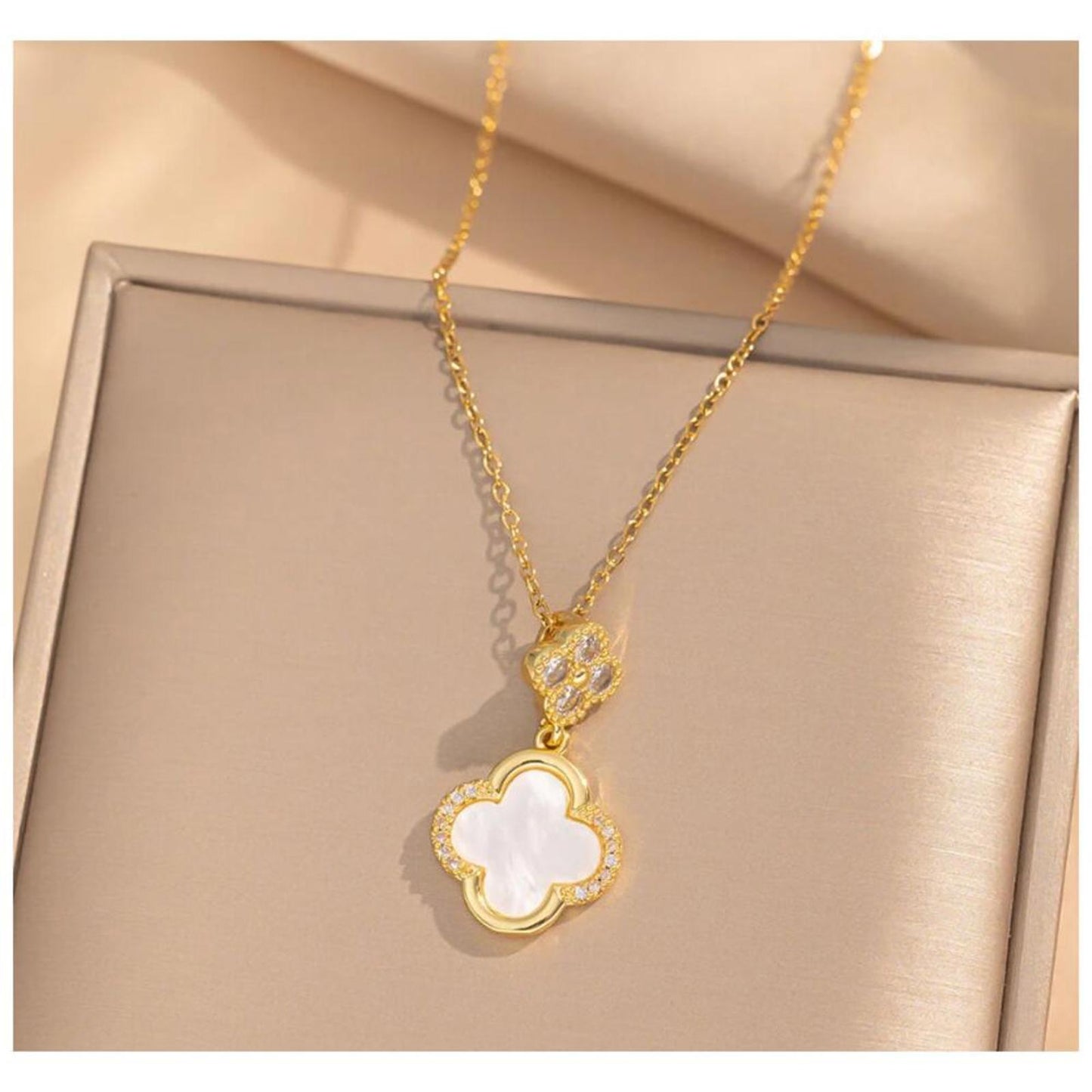 White Mother of Pearl Clover Set - Gold - CZs - 16-18" Necklace & Earrings