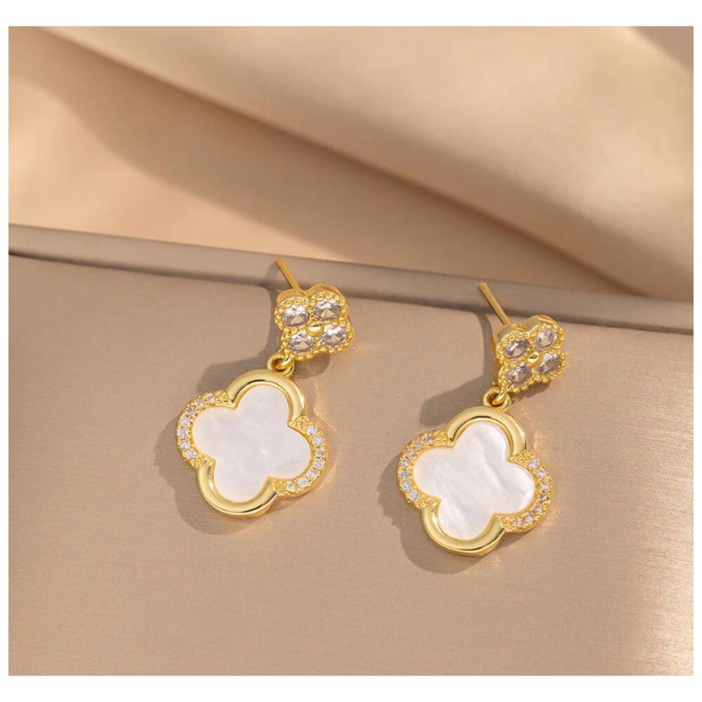 White Mother of Pearl Clover Set - Gold - CZs - 16-18" Necklace & Earrings