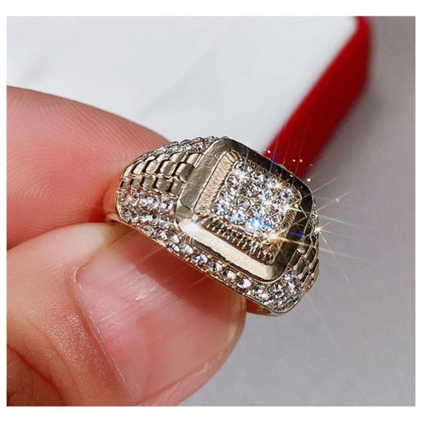 Gold and Silver watch style ring - 18K gold plated - CZs- Size 9.