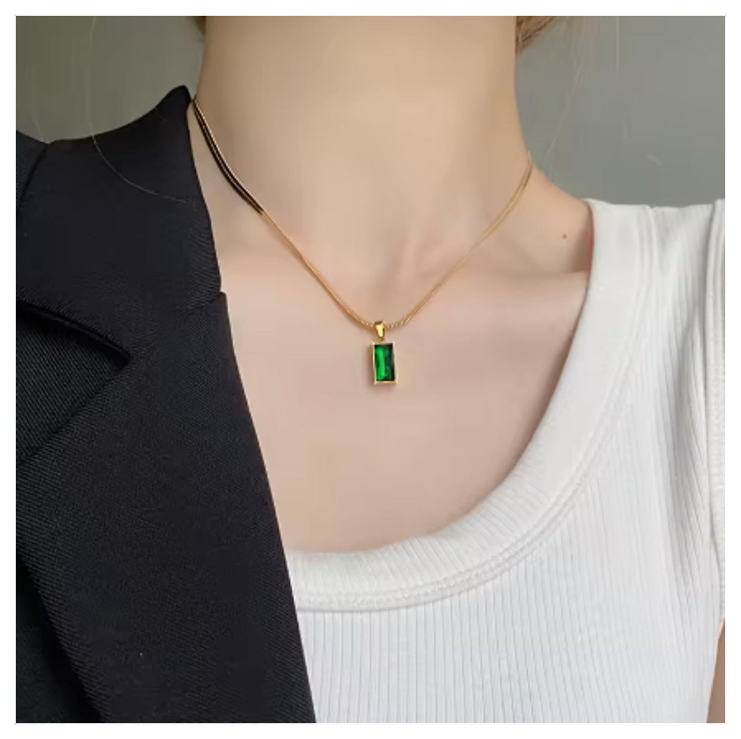 Green rectangle herringbone - Necklace/Earring set - Gold - CZs - 18"