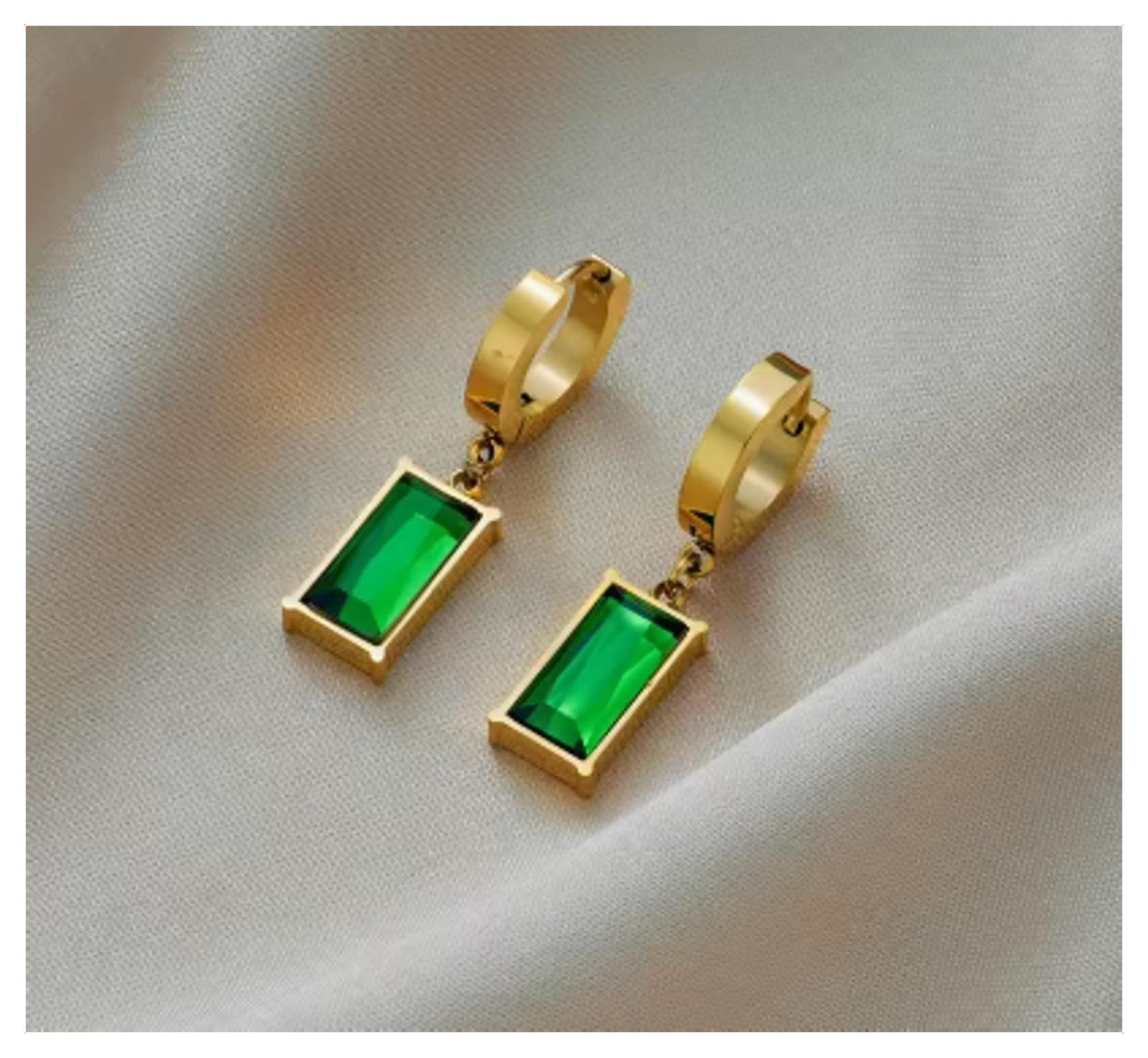 Green rectangle herringbone - Necklace/Earring set - Gold - CZs - 18"