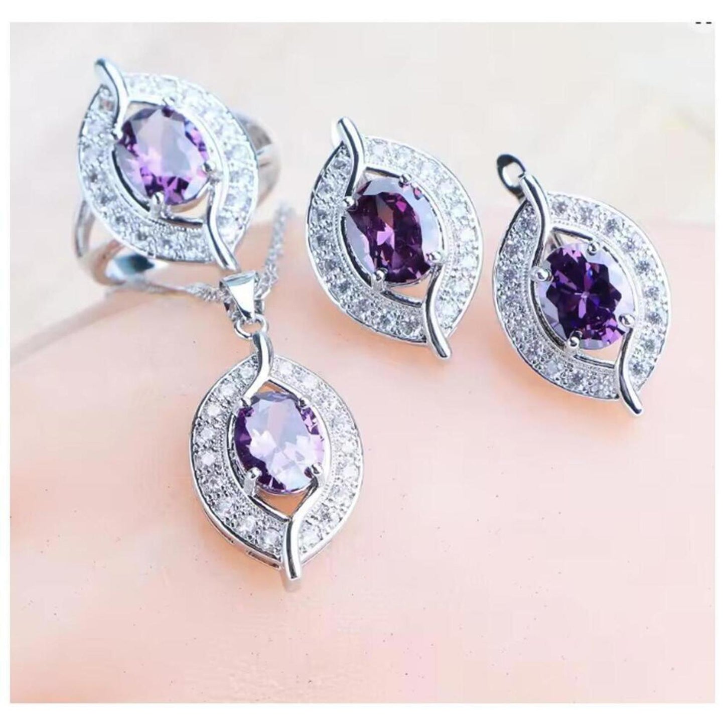 Purple oval necklace - silver - CZs - 18'