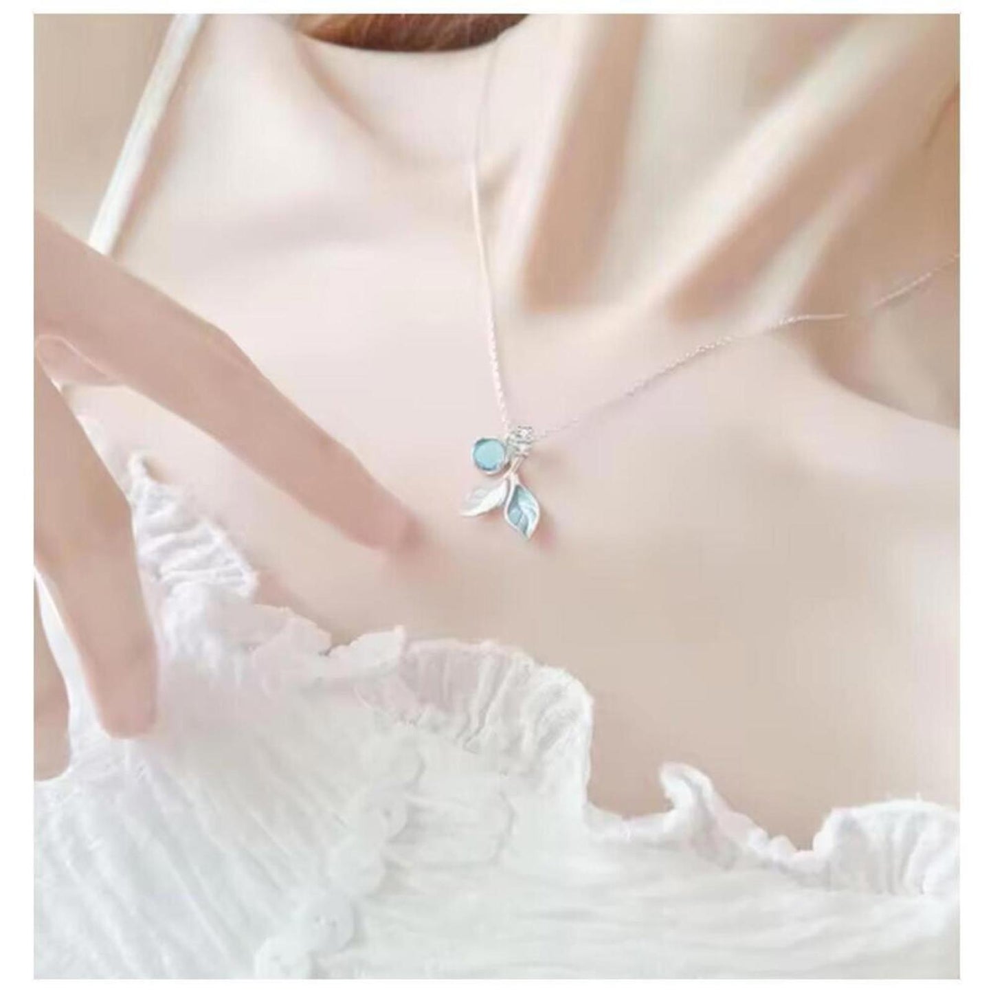 Blue and white leaf necklace - silver - CZs - 16-18"