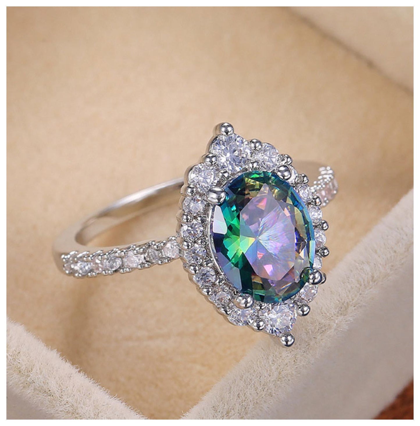 Rainbow oval Ring - Silver - CZs - Size 6