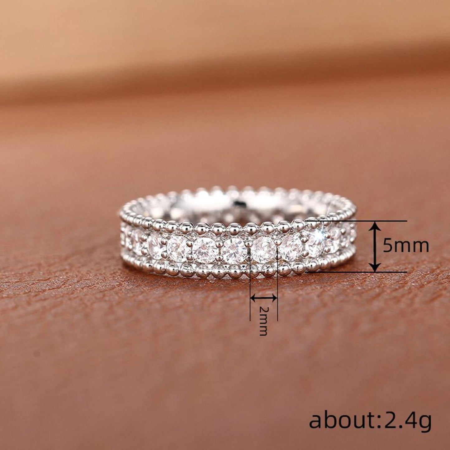 Bead edge band RING - Silver - CZs - size 9