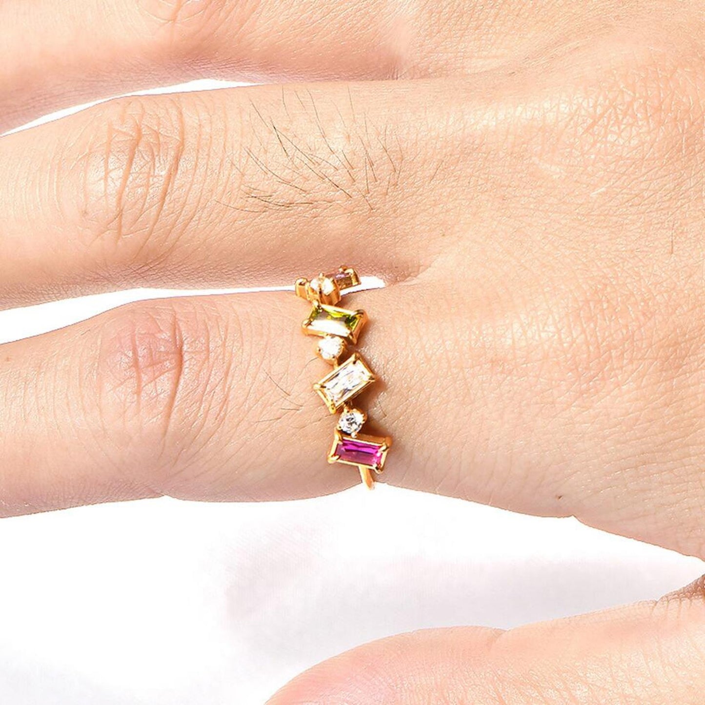 Multicolor rectangle ring - Gold - CZs - size 7