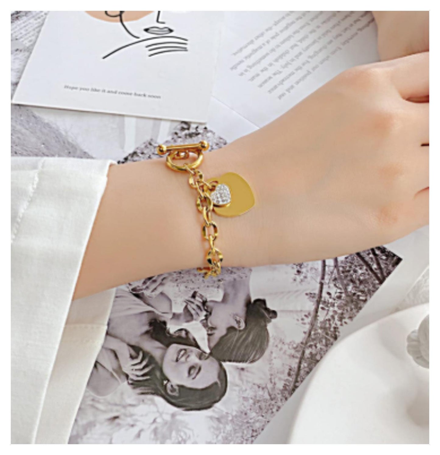 Double heart charm - Bracelet - Rose Gold - CZs - 8"